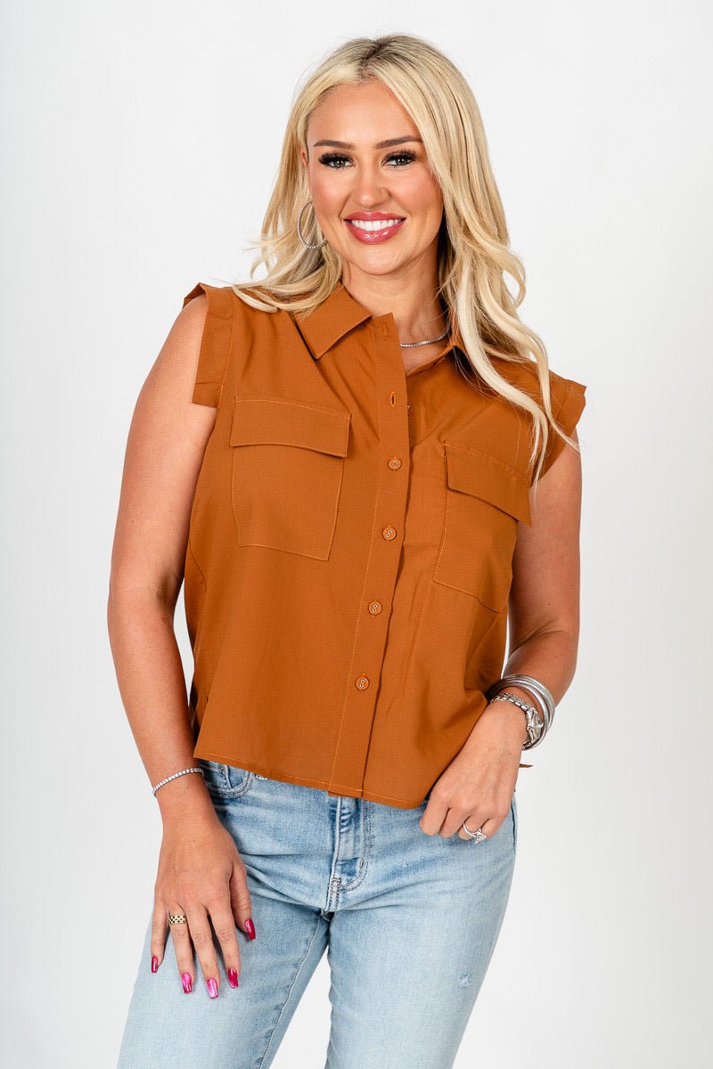 Sleeveless chiffon pocket blouse earthy brown
