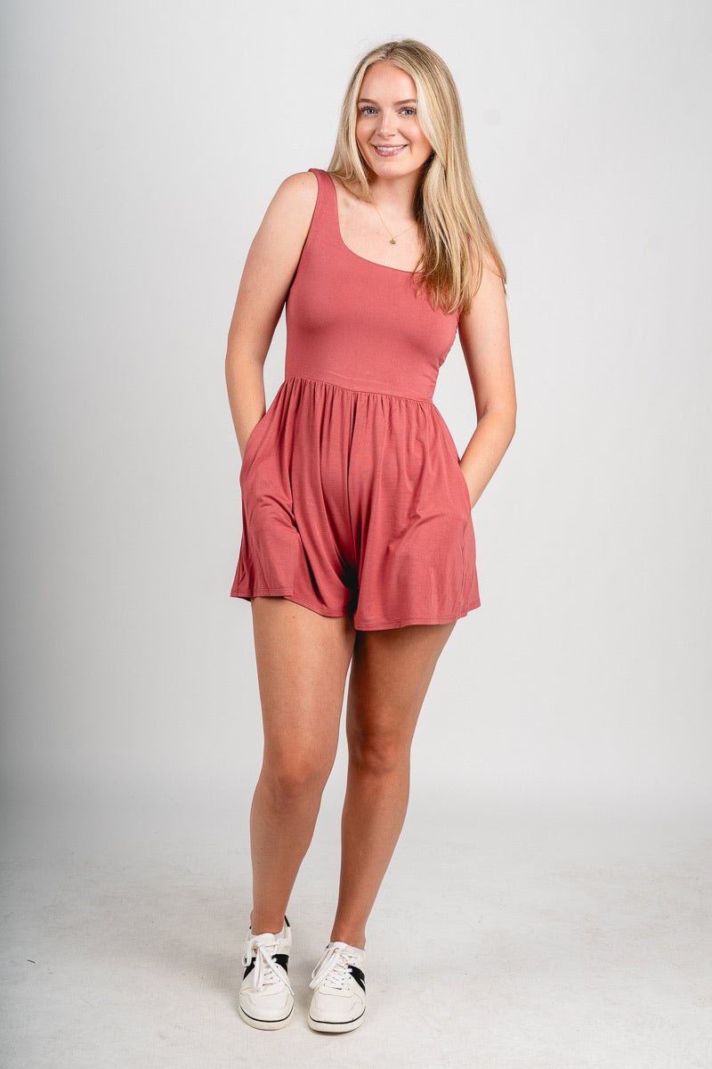Sleeveless knit romper marsala Stylish Romper - Womens Fashion Rompers & Pantsuits at Lush Fashion Lounge Boutique in Oklahoma City