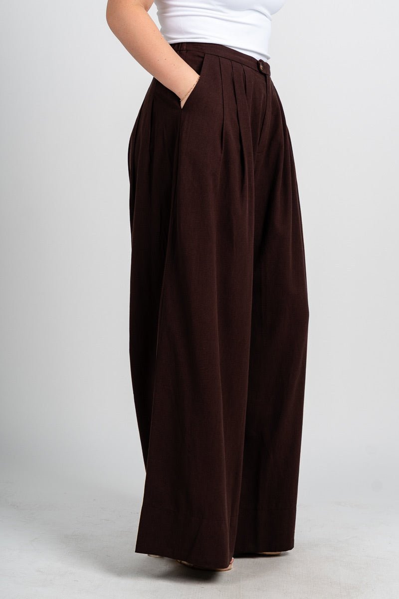 Pleated wide leg linen pants espresso | Lush Fashion Lounge: women's boutique pants, boutique women's pants, affordable boutique pants, women's fashion pants