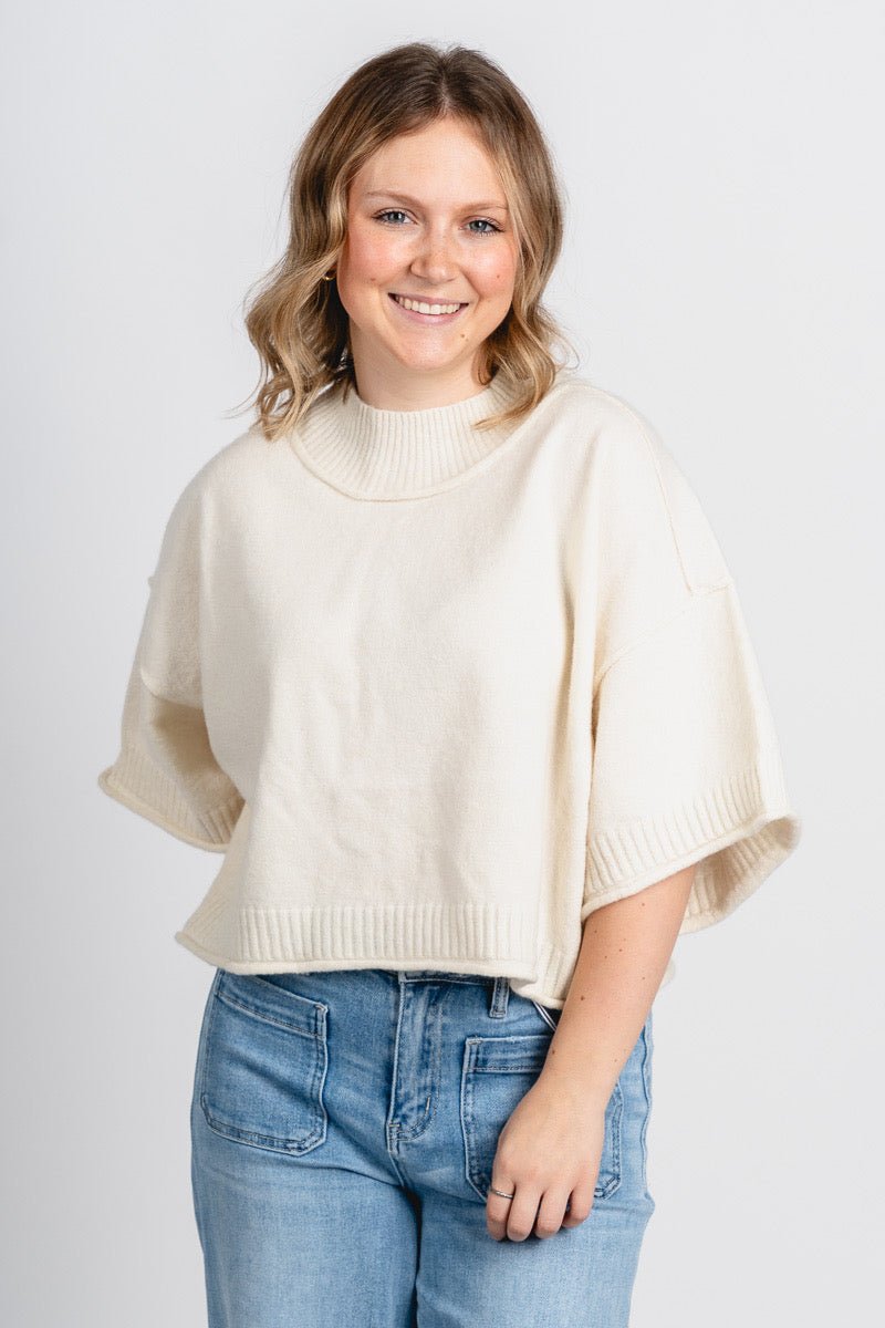 Mock neck short sleeve crop sweater ivory – Boutique Sweaters | Fashionable Sweaters at Lush Fashion Lounge Boutique in Oklahoma City