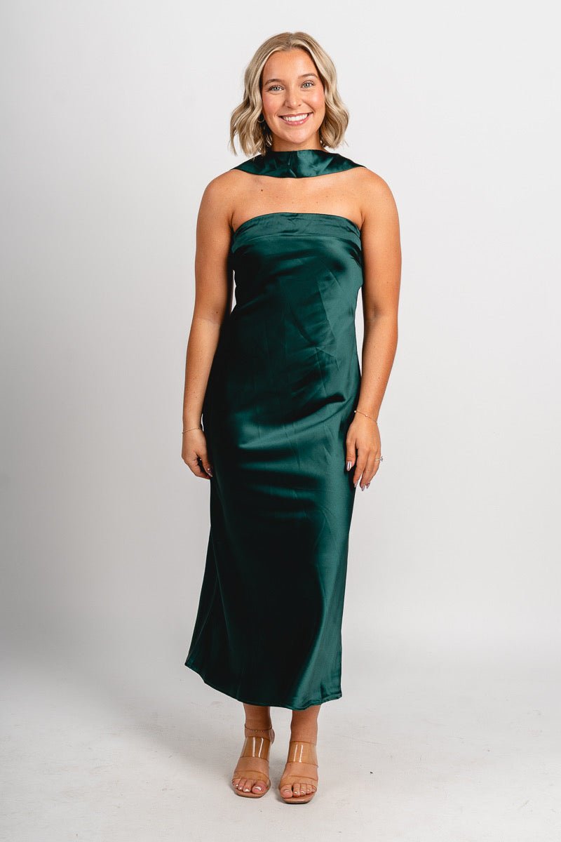 Scarf detail satin midi dress hunter green - Affordable dress - Boutique Dresses at Lush Fashion Lounge Boutique in Oklahoma City