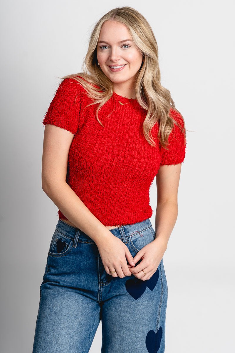 Short sleeve fuzzy sweater red - Unique Valentine's Day T-Shirt Designs at Lush Fashion Lounge Boutique in Oklahoma City