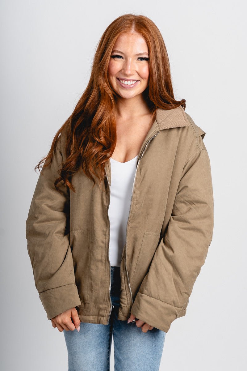 Puffer barn jacket olive – Trendy Jackets | Cute Fashion Blazers at Lush Fashion Lounge Boutique in Oklahoma City