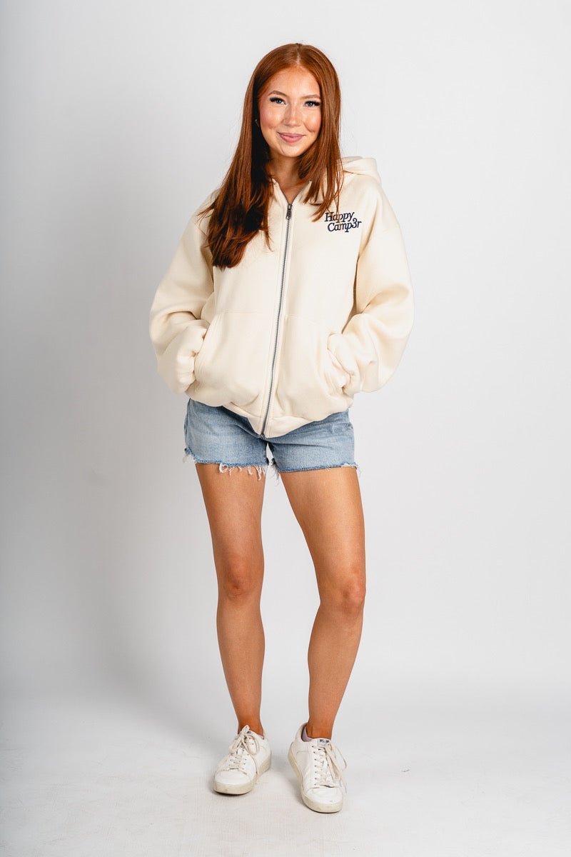 Happy Camper zip up hoodie cream - Fun hoodie - Unique Lounge Looks at Lush Fashion Lounge Boutique in Oklahoma