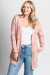 Heart print cardigan pink - Unique Valentine's Day T-Shirt Designs at Lush Fashion Lounge Boutique in Oklahoma City