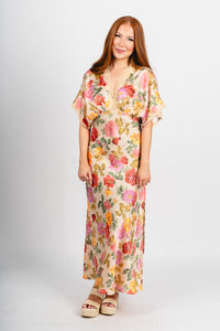 Floral lace trim maxi dress romantic garden - Trendy dress - Cute Vacation Collection at Lush Fashion Lounge Boutique in Oklahoma City