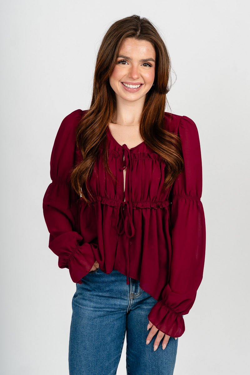 Ribbon front chiffon blouse maroon