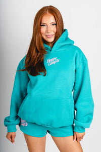 Happy Camper hoodie candy teal - Cute hoodie - Fun Cozy Basics at Lush Fashion Lounge Boutique in Oklahoma City