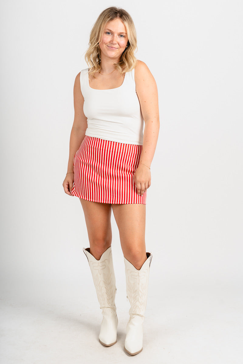 Striped mini skirt red/white | Lush Fashion Lounge: boutique fashion skirts, affordable boutique skirts, cute affordable skirts