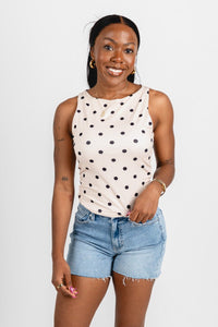 Polka dot tank top khaki - Cute Tank Top - Trendy Tank Tops at Lush Fashion Lounge Boutique in Oklahoma City