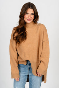 Mock neck oversized sweater camel – Stylish Sweaters | Boutique Sweaters at Lush Fashion Lounge Boutique in Oklahoma City