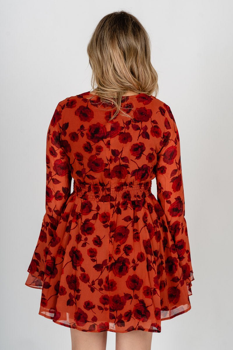 Floral long sleeve flare dress red rouge
