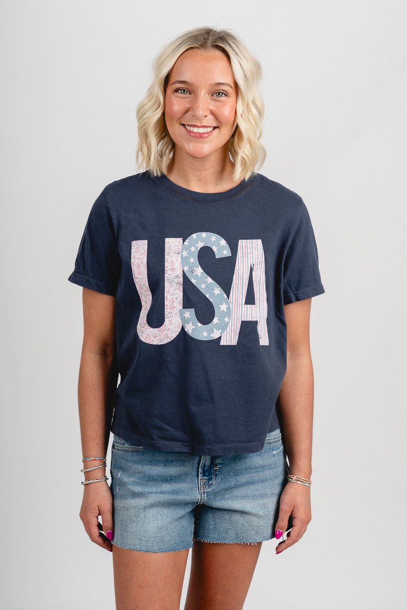 USA floral stars & stripes tee navy - Adorable T-shirt - Stylish Patriotic Summer Graphic Tees at Lush Fashion Lounge Boutique in OKC