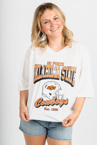 OSU OSU Cowboys football v-neck t-shirt white T-shirt | Lush Fashion Lounge Trendy Oklahoma State Cowboys Apparel & Cute Gameday T-Shirts
