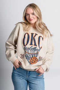 OKC big basketball thrifted sweatshirt natural - Trendy OKC Apparel at Lush Fashion Lounge Boutique in Oklahoma City