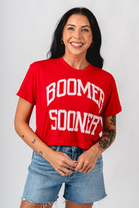 OU OU Boomer Sooner simple crop t-shirt red T-shirt | Lush Fashion Lounge Trendy Oklahoma University Sooners Apparel & Cute Gameday T-Shirts