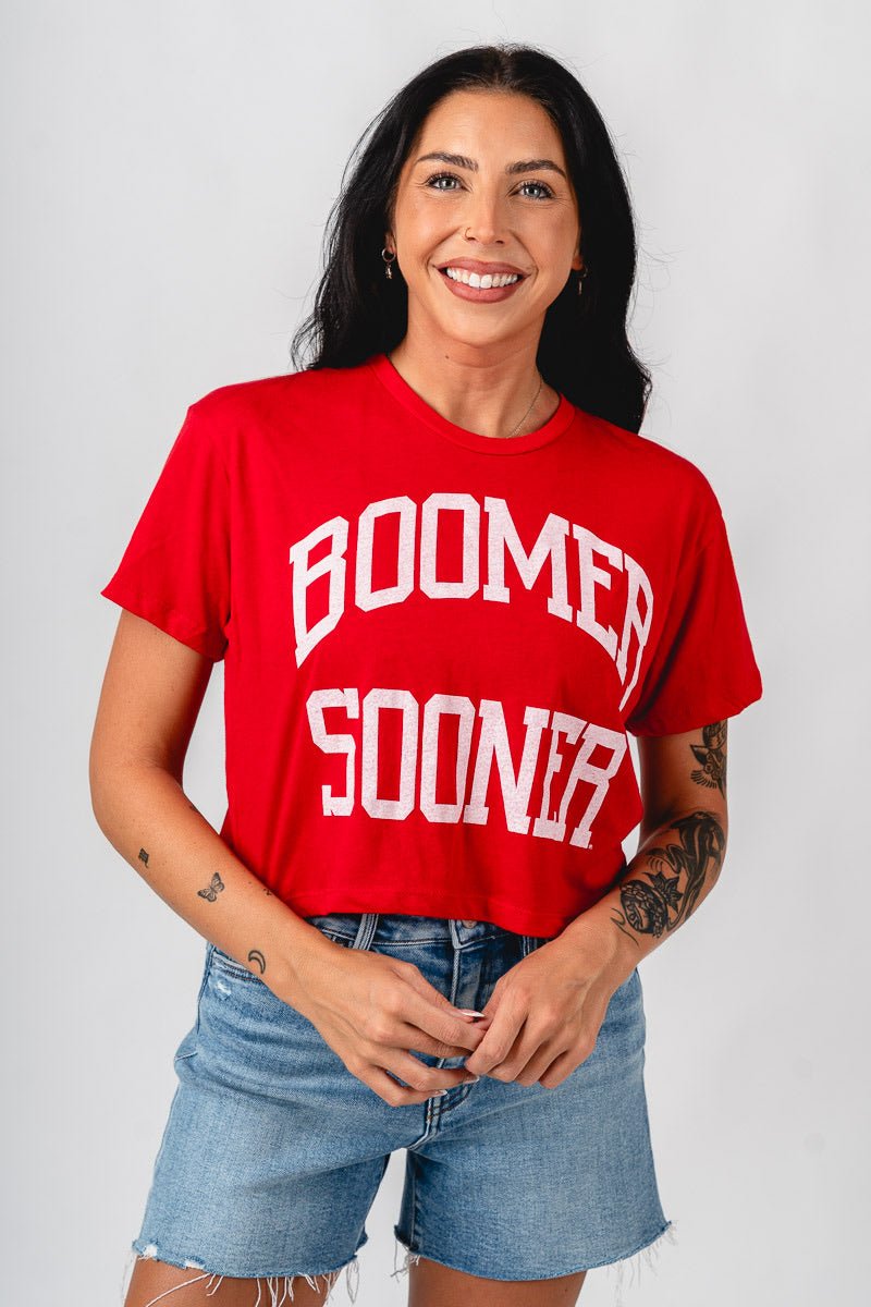 OU OU Boomer Sooner simple crop t-shirt red T-shirt | Lush Fashion Lounge Trendy Oklahoma University Sooners Apparel & Cute Gameday T-Shirts