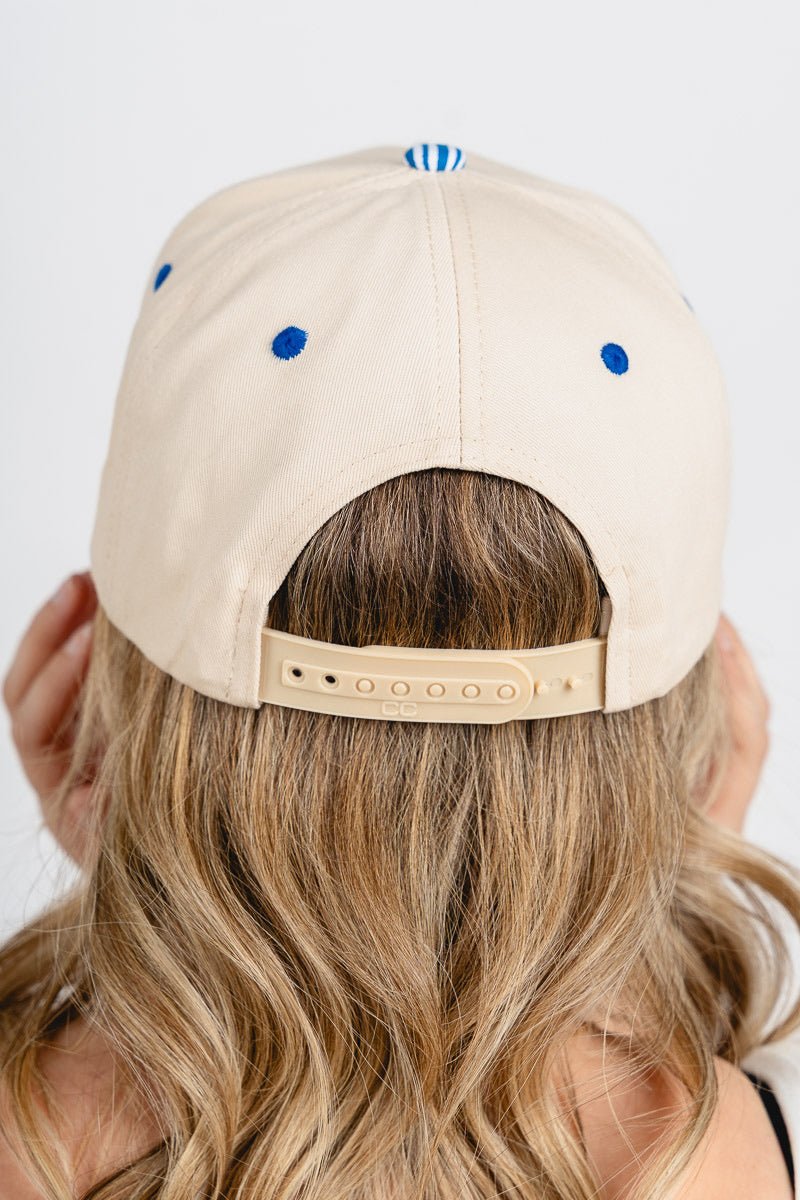 Oklahoma City script pin stripe hat cobalt pin stripe/cream - Trendy Hats at Lush Fashion Lounge Boutique in Oklahoma City