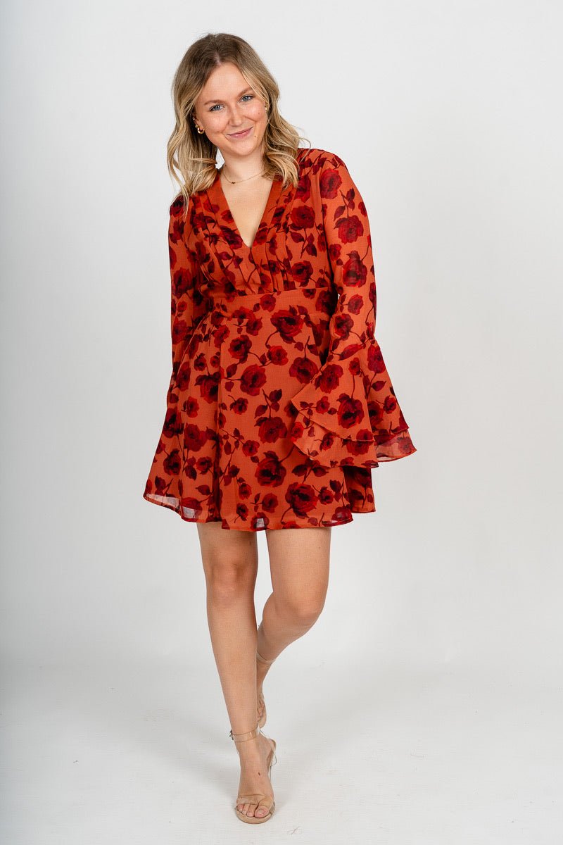 Floral long sleeve flare dress red rouge