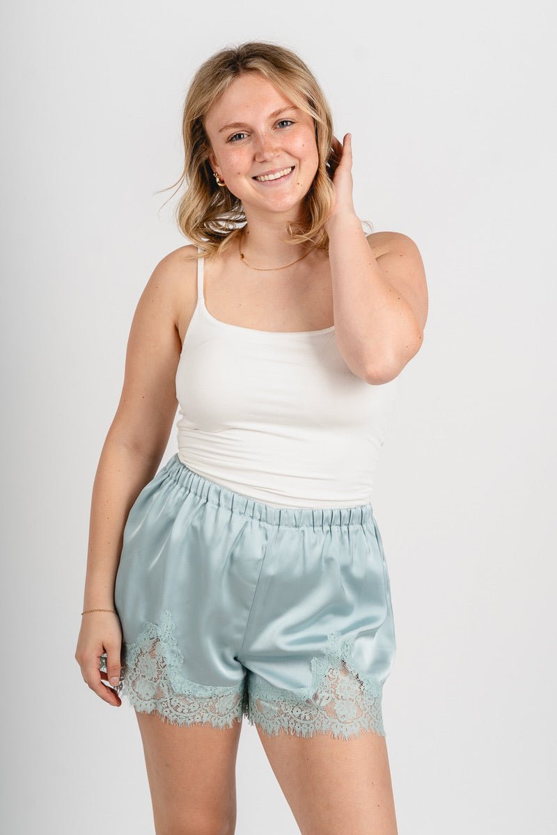 Lace trim satin shorts mint - Affordable shorts - Boutique Shorts at Lush Fashion Lounge Boutique in Oklahoma City
