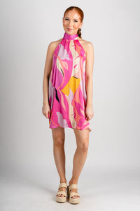 Abstract halter mini dress pink multi - Fun dress - Unique Getaway Gear at Lush Fashion Lounge Boutique in Oklahoma