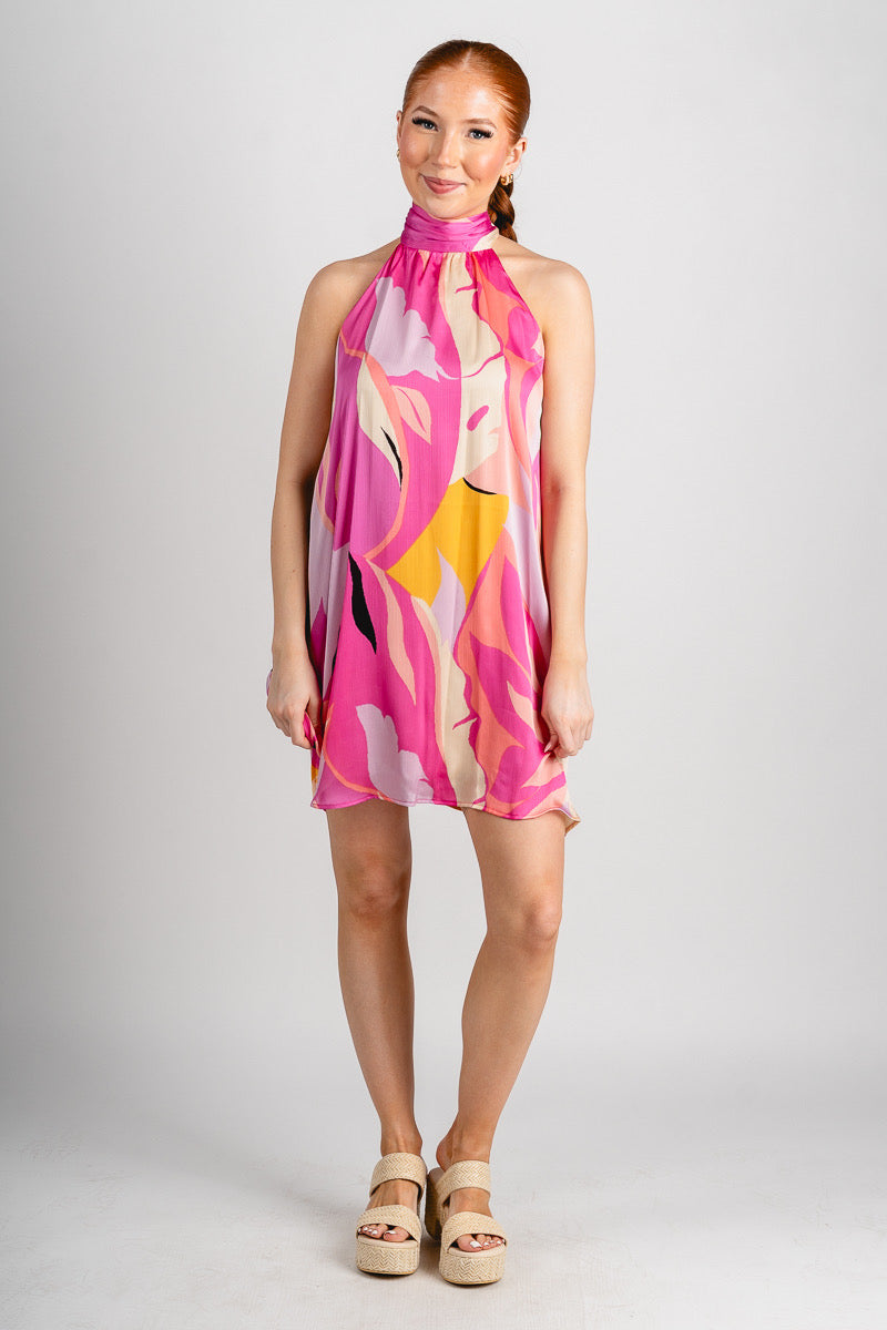 Abstract halter mini dress pink multi - Fun dress - Unique Getaway Gear at Lush Fashion Lounge Boutique in Oklahoma
