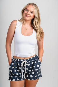 Drawstring star shorts navy/white - Stylish Shorts - Trendy American Summer Fashion at Lush Fashion Lounge Boutique in Oklahoma