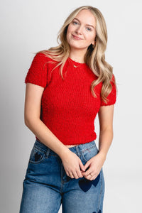 Short sleeve fuzzy sweater red - Trendy T-Shirts for Valentine's Day at Lush Fashion Lounge Boutique in Oklahoma City