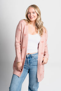 Heart print cardigan pink - Trendy T-Shirts for Valentine's Day at Lush Fashion Lounge Boutique in Oklahoma City