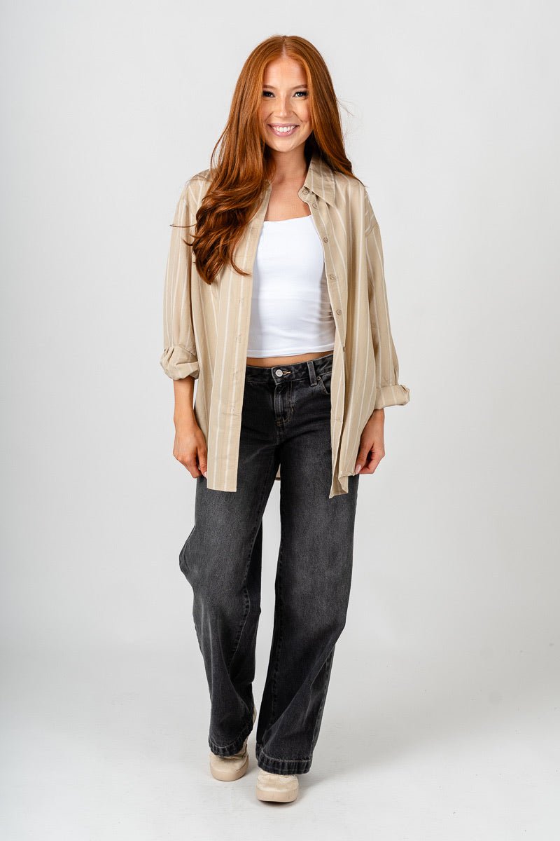 Striped oversized button up top khaki