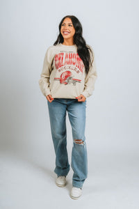 OU OU Sooners established helmet thrifted sweatshirt sand Sweatshirt | Lush Fashion Lounge Trendy Oklahoma University Sooners Apparel & Cute Gameday T-Shirts