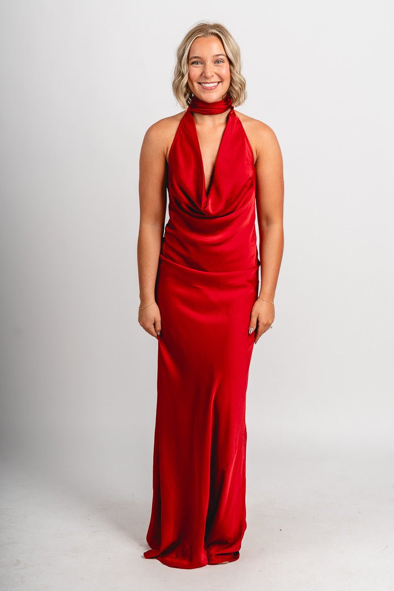 High neck open back satin dress red - Trendy Holiday Apparel at Lush Fashion Lounge Boutique in Oklahoma City