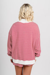 USA patchwork mock neck striped sweatshirt red/white - Adorable sweatshirt - Stylish Patriotic Summer Graphic Tees at Lush Fashion Lounge Boutique in OKC