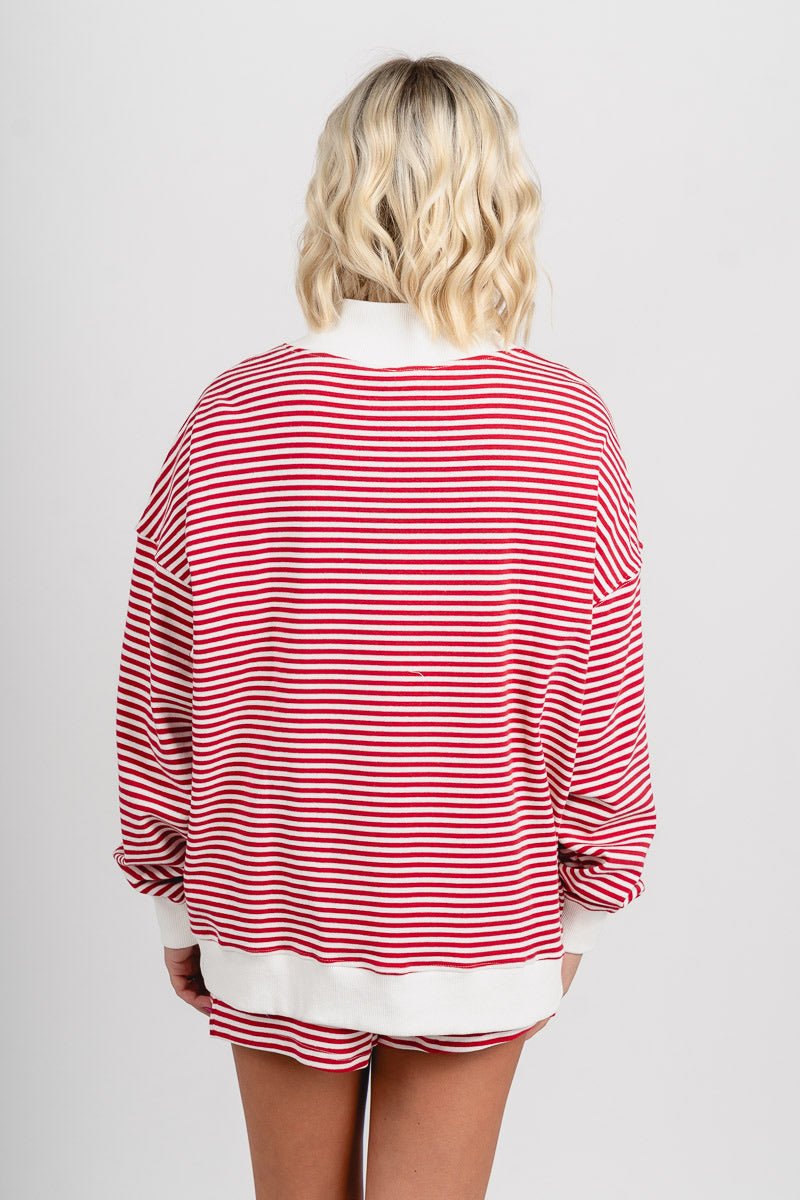 USA patchwork mock neck striped sweatshirt red/white - Adorable sweatshirt - Stylish Patriotic Summer Graphic Tees at Lush Fashion Lounge Boutique in OKC