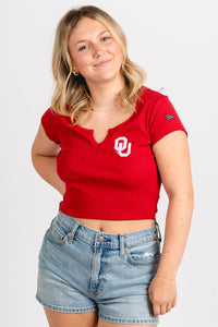 OU OU Sooners Cali baby tee cardinal T-shirt | Lush Fashion Lounge Trendy Oklahoma University Sooners Apparel & Cute Gameday T-Shirts