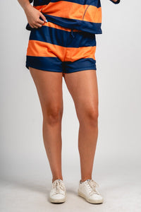 Striped sweat shorts orange/navy - Trendy shorts - Fashion Shorts at Lush Fashion Lounge Boutique in Oklahoma City