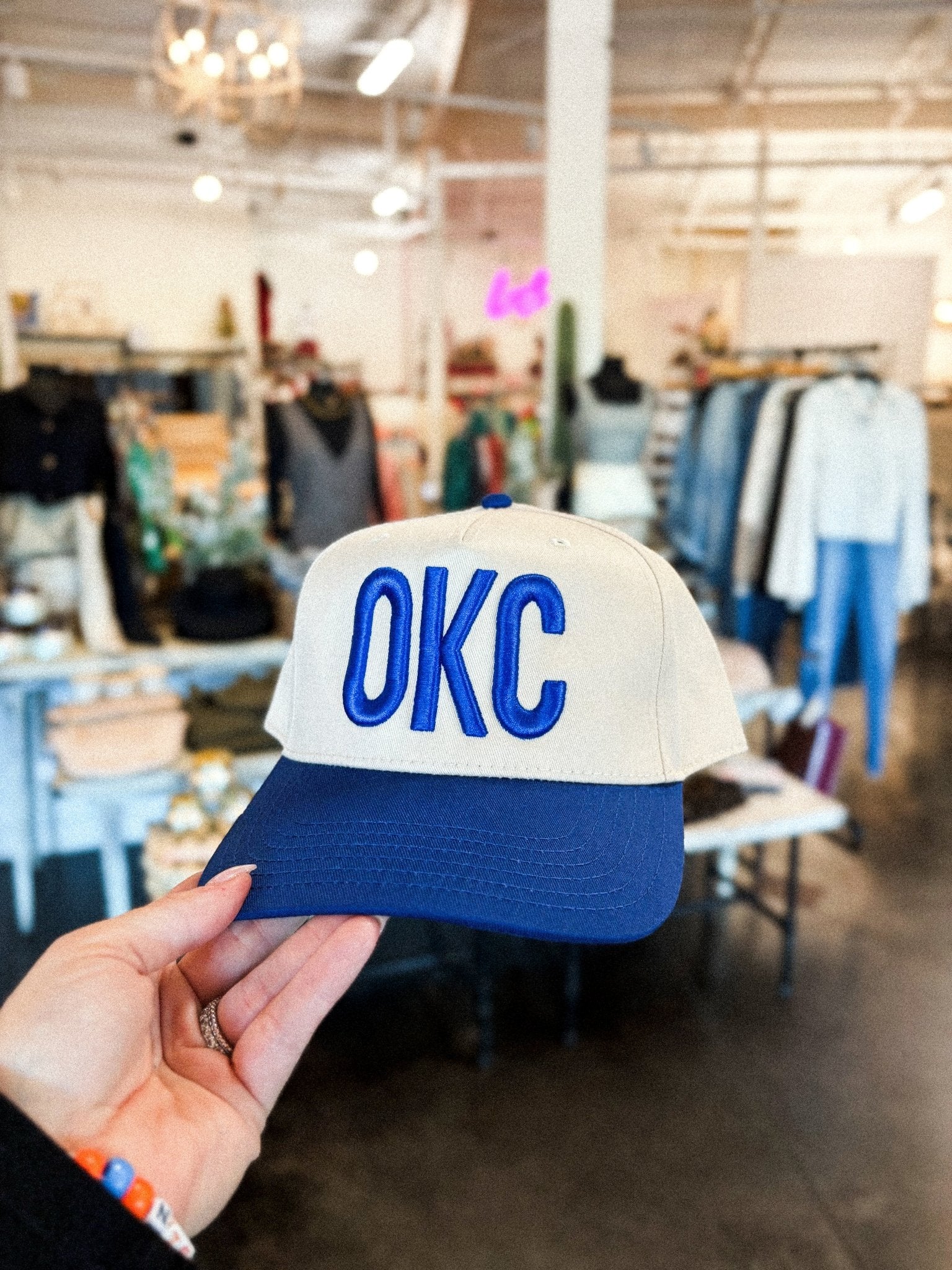 OKC two tone hat natural/royal - Trendy Hats at Lush Fashion Lounge Boutique in Oklahoma City