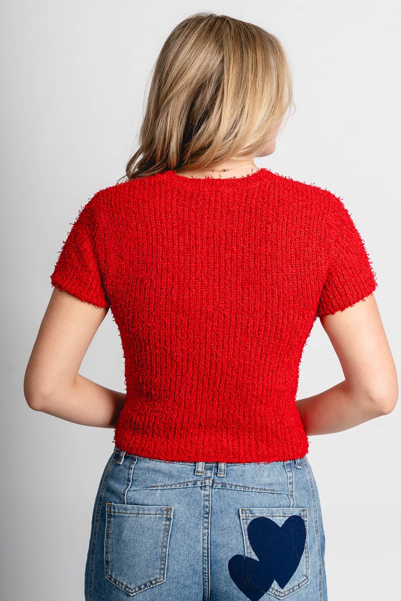 Short sleeve fuzzy sweater red