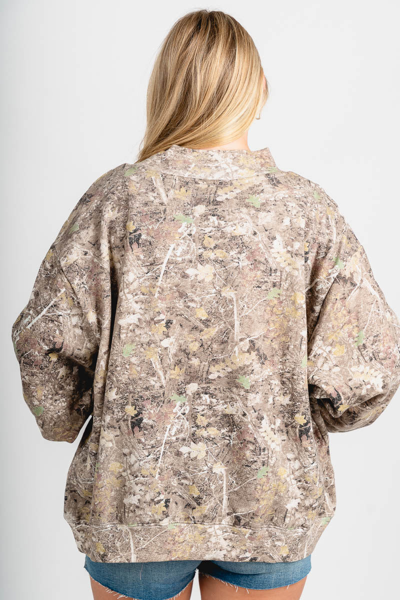 OU OU Sooners helmet fade mock neck sweatshirt camo Sweatshirt | Lush Fashion Lounge Trendy Oklahoma University Sooners Apparel & Cute Gameday T-Shirts