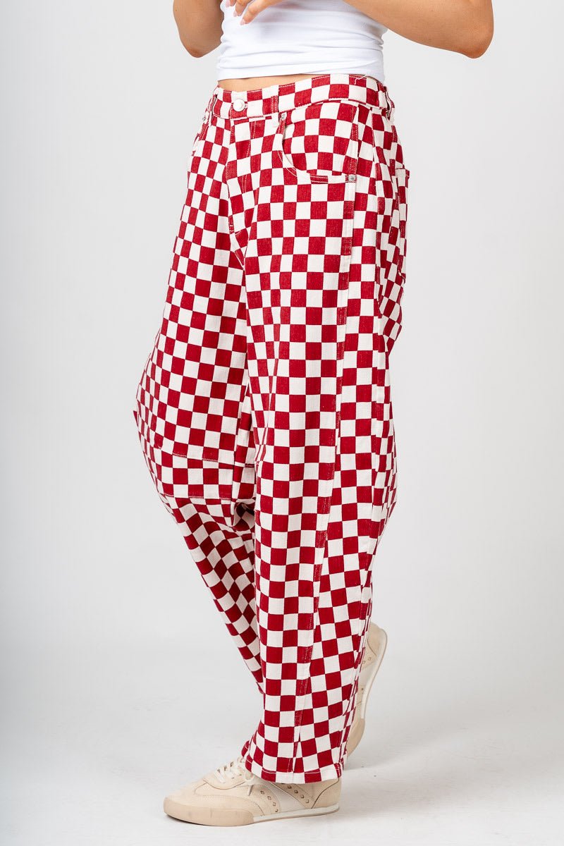 Checkered barrel jeans crimson