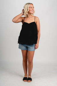 Lace trim flare tank top black Stylish top - Womens Fashion Tank Tops at Lush Fashion Lounge Boutique in Oklahoma City