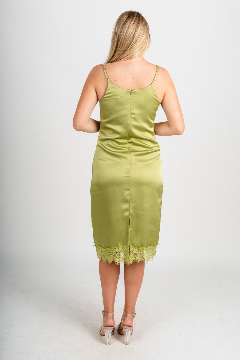 Satin lace trim midi dress chartreuse