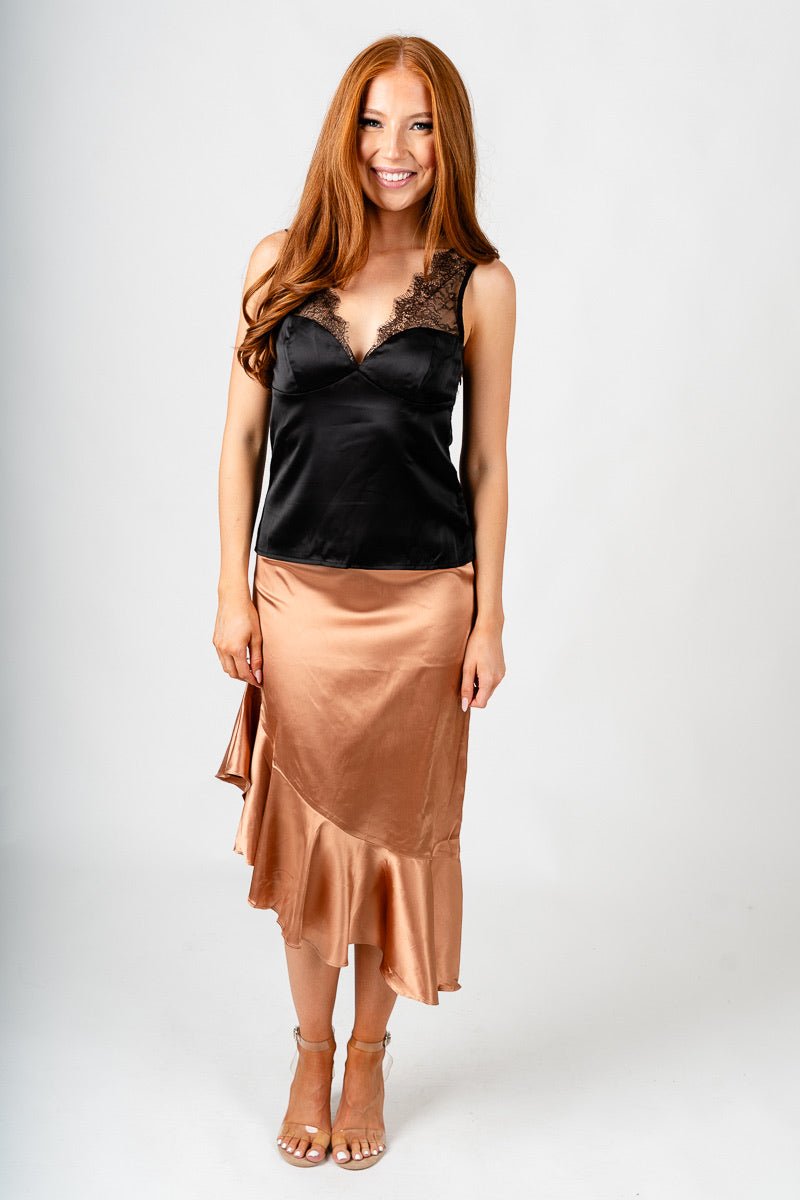 Satin lace trim cami black Stylish Tank Top - Womens Fashion Tank Tops at Lush Fashion Lounge Boutique in Oklahoma City