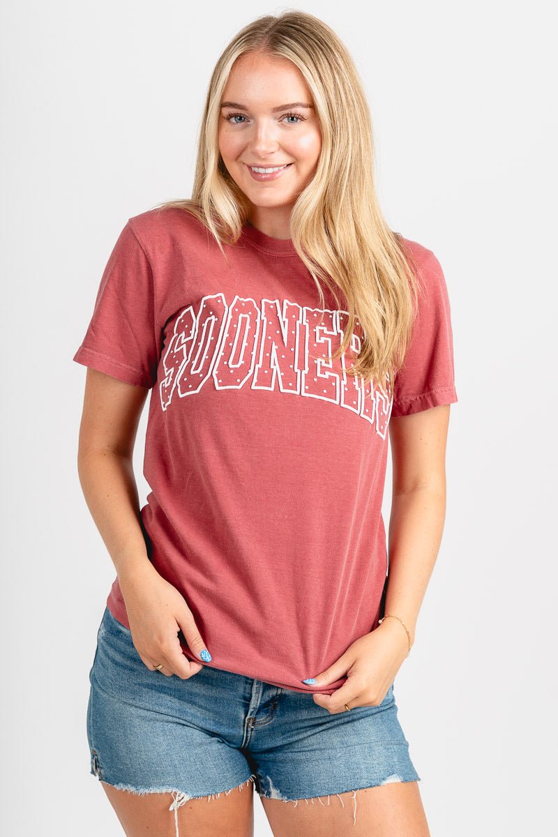 OU OU Sooners polka dot puff unisex t-shirt crimson T-shirt | Lush Fashion Lounge Trendy Oklahoma University Sooners Apparel & Cute Gameday T-Shirts