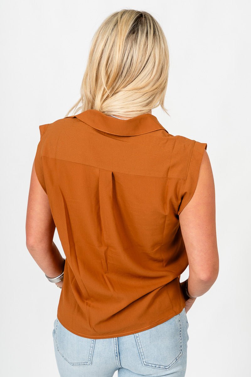 Sleeveless chiffon pocket blouse earthy brown