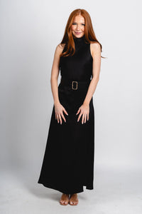 High neck belted satin dress black - Trendy dress - Fashion Dresses at Lush Fashion Lounge Boutique in Oklahoma City