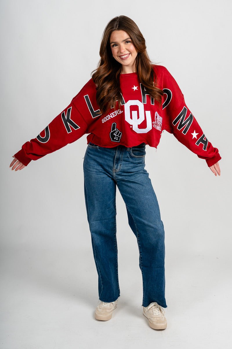 OU OU Sooners patched up crop sweatshirt crimson Sweatshirt | Lush Fashion Lounge Trendy Oklahoma University Sooners Apparel & Cute Gameday T-Shirts