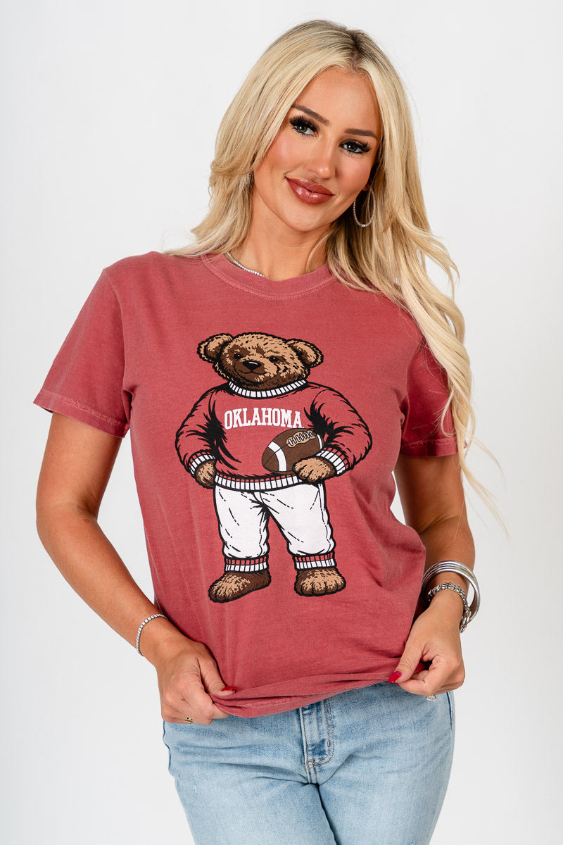 OU OU Sooners teddy bear comfort colors t-shirt crimson T-shirt | Lush Fashion Lounge Trendy Oklahoma University Sooners Apparel & Cute Gameday T-Shirts