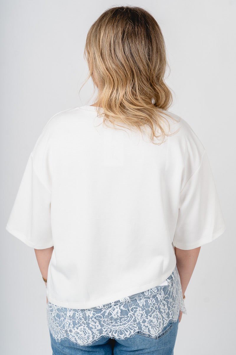 Short sleeve lace trim top off white