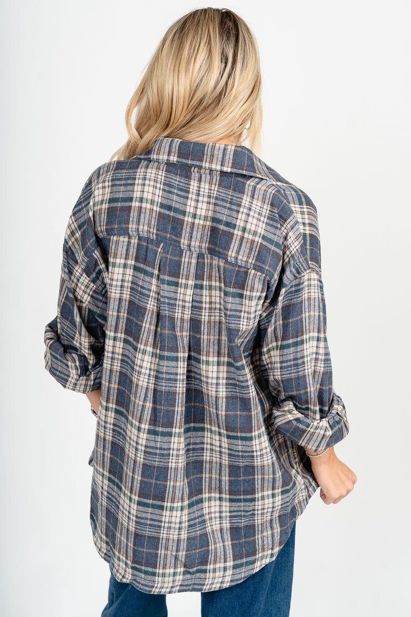 Button up plaid top denim